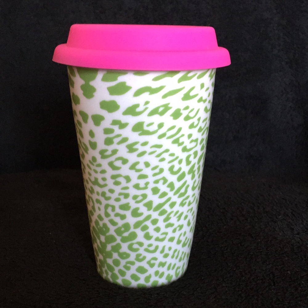 CERAMIC TUMBLER w/Pink Lid - Pink Green White NWOT